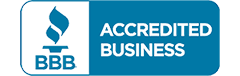 BBB Accredited Business logo with a blue flame icon and text on a blue background.