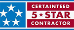 Logo for CertainTeed 5-Star Contractor, featuring a blue star pattern on the left and red text on the right.