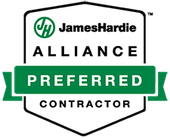 James Hardie Preferred Contractor logo: black and green shield with company name and 
