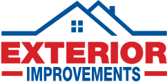 Logo for Exterior Improvements.  Red text on a white background with a blue roof design above.