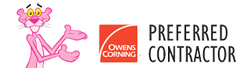 Pink Panther gesturing towards the Owens Corning