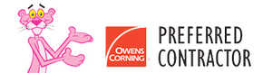 Pink Panther gesturing at the Owens Corning logo and 