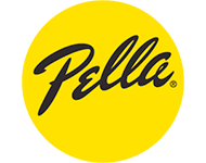 Logo for Pella, a window and door company, features the name in black script inside a yellow circle.