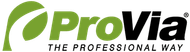 Logo of ProVia, featuring a green leaf-like design next to the name in green and black, tagline 