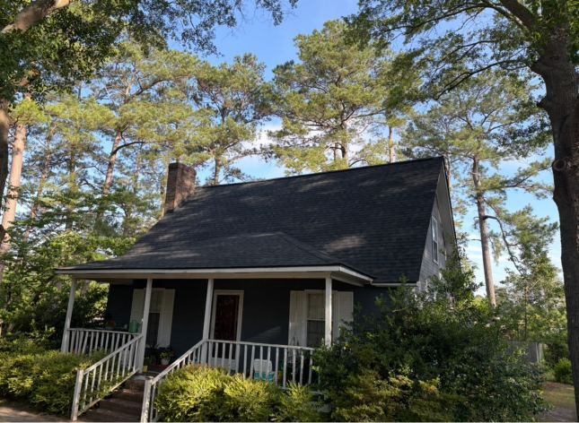 Small white house with a dark roof, front porch, and steps surrounded by tall trees.
