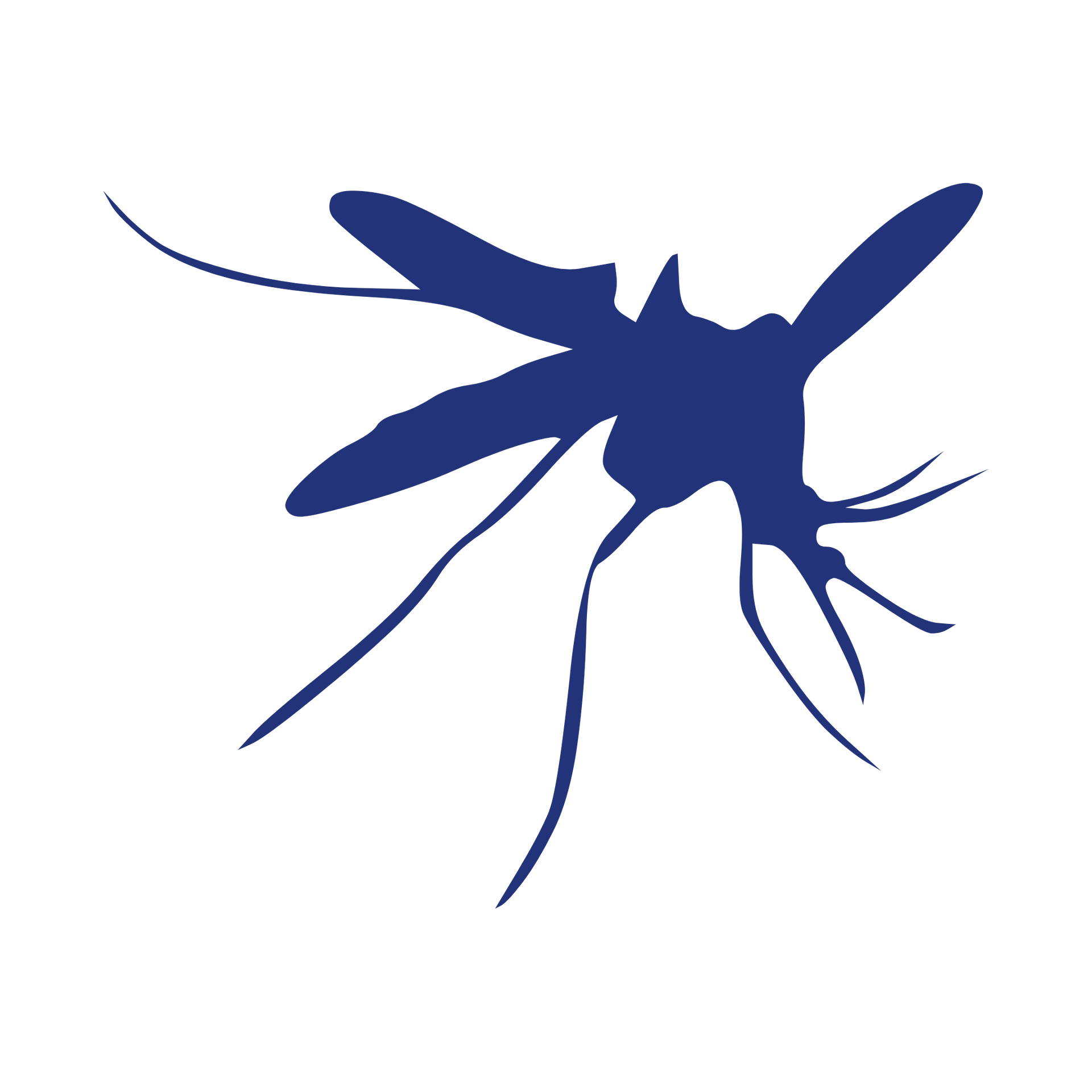 Dark blue silhouette of a mosquito, with wings and long legs, on a white background.