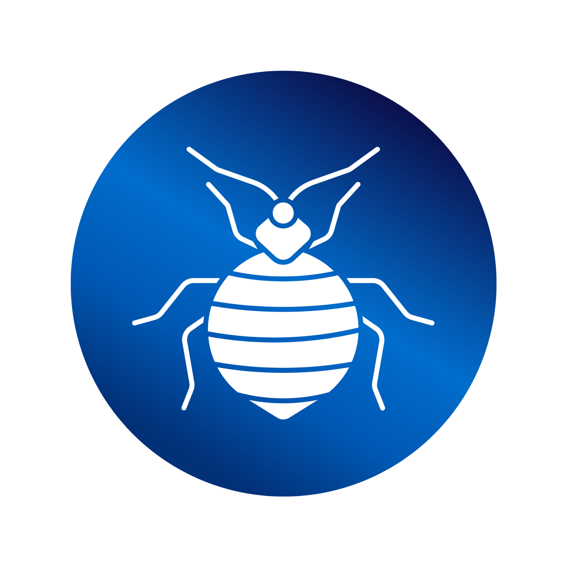 White bed bug icon within a blue circle.
