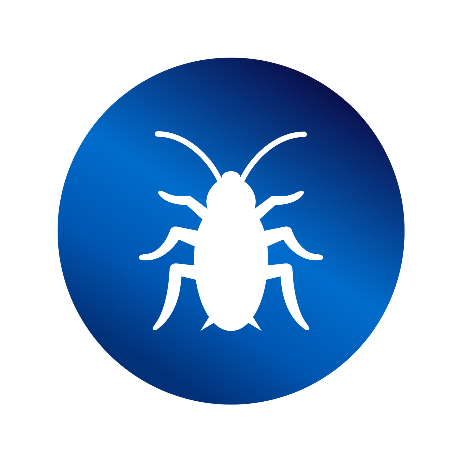 White cockroach icon within a blue circle.