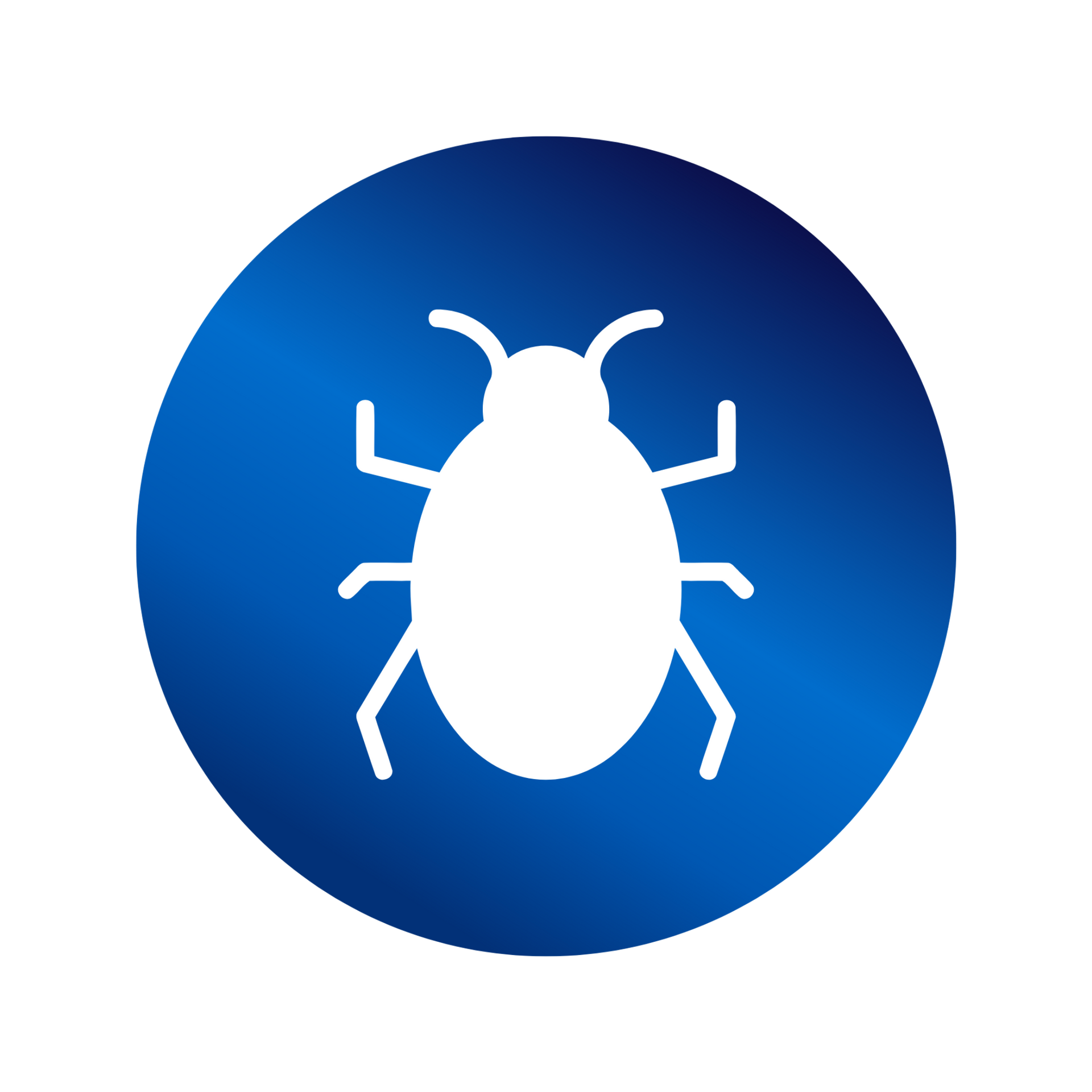 White bug icon on a blue circle.
