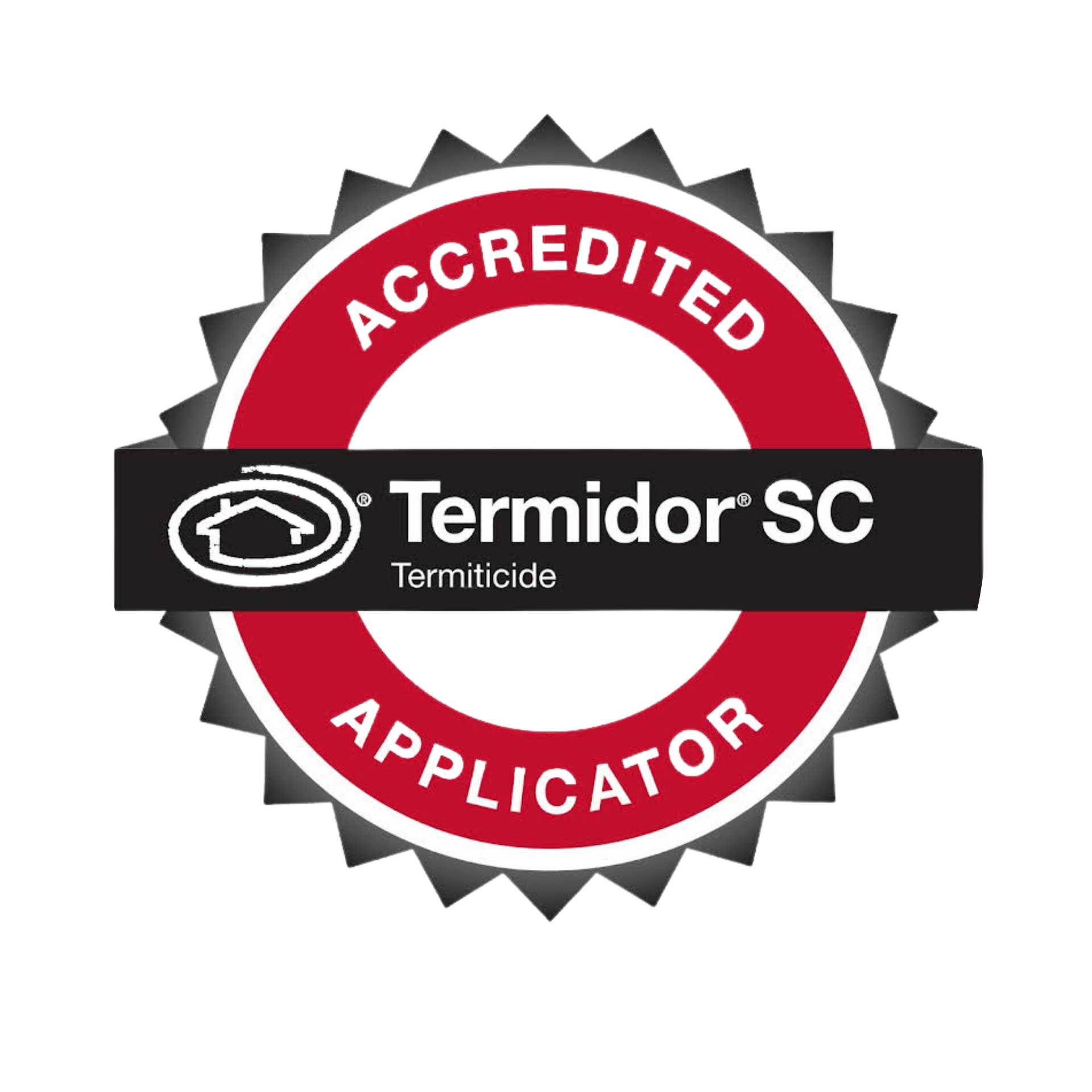 Accredited Termidor SC Applicator seal. Red and white with text. Black banner with house icon and