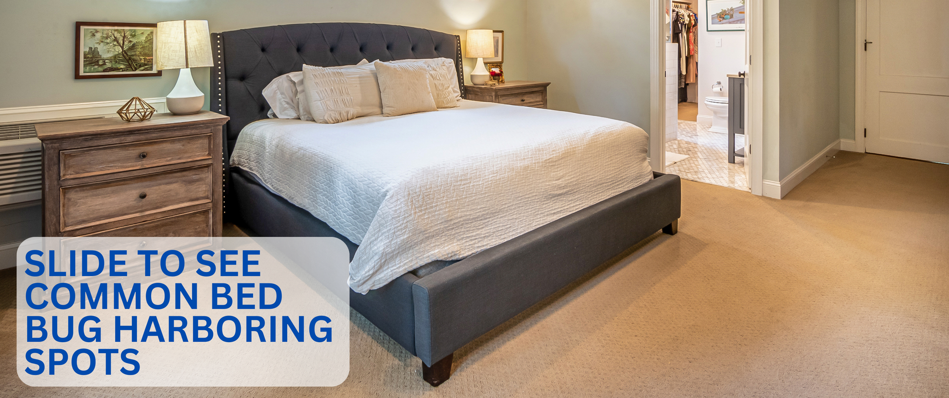 Bedroom with a bed, nightstand, and text that says, 