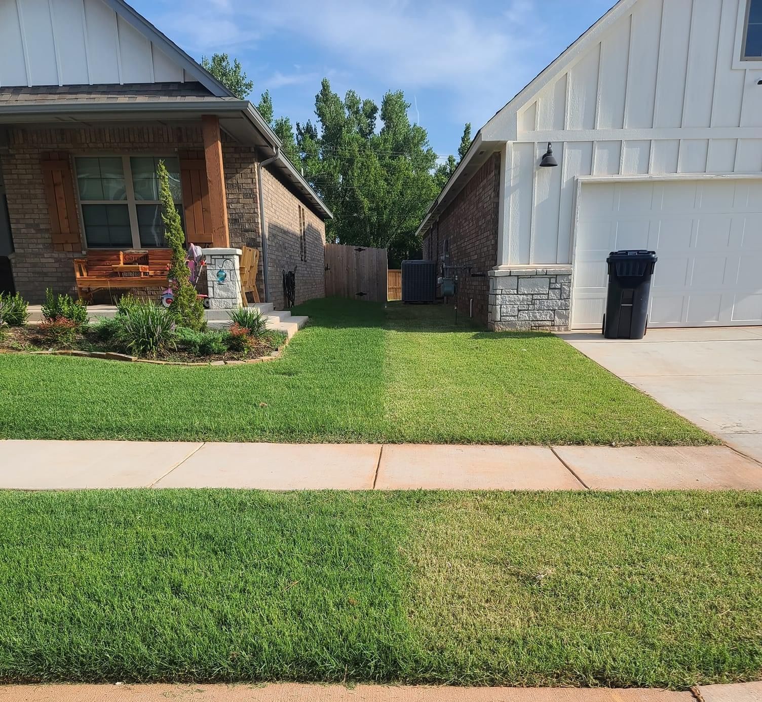 A side-by-side comparison of two lawns: one healthy green and one with brown patches.