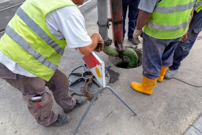 Construction workers in safety vests repair pipes in a street. One worker holds a red and white sign.