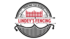 Lindey’s Fencing logo in black, white, and red with stylized fencing masks and fence motif