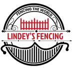 Lindey’s Fencing logo with black circular text and a red fence graphic over a black gate design