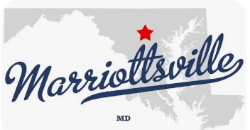 Maryland town logo reading “Marriottsville” in blue script with a red star and gray map silhouette Maryland town logo reading “Marriottsville” in blue script with a red star and gray map silhouette