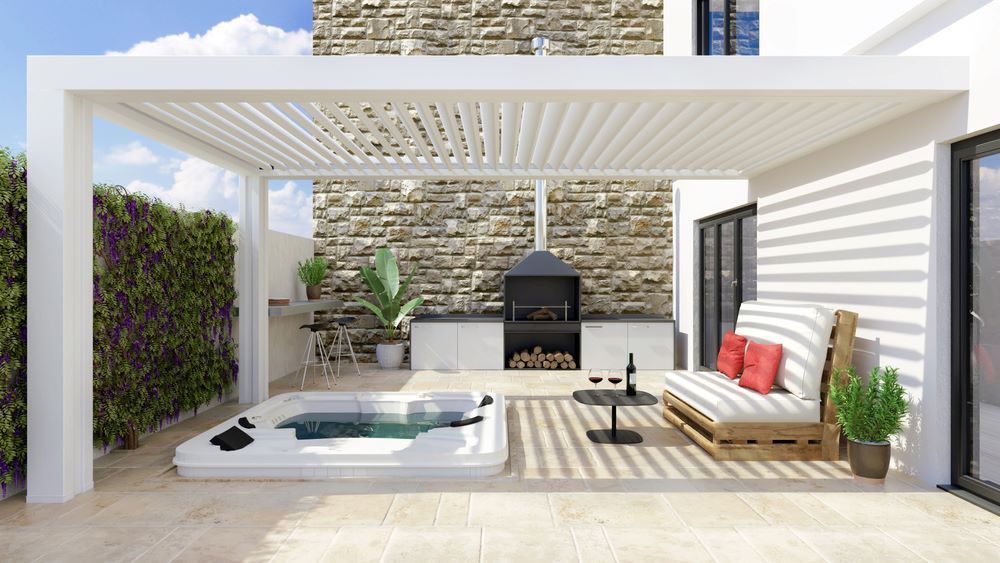 An Artist's Impression of a Patio With a Hot Tub and a Pergola In Tuggerah