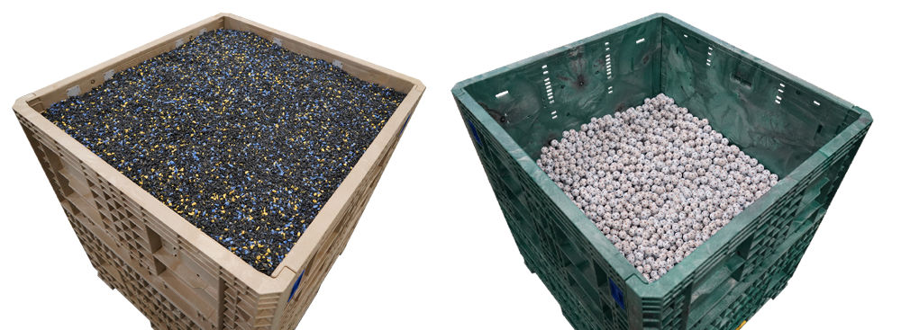 Filled beige hopper bottom filled with resin and green hopper bottom filled with golf balls 