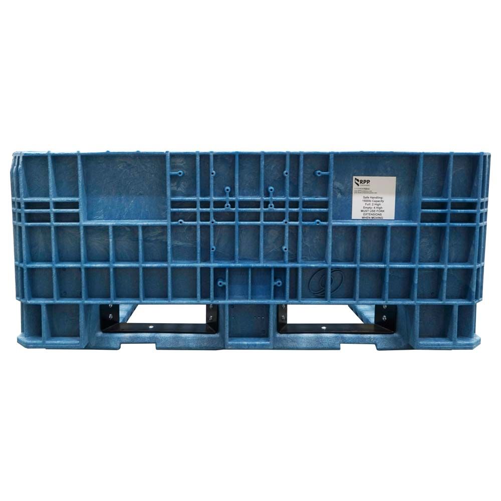 Fixed wall extended-length bulk container with fork strap reinforcement 