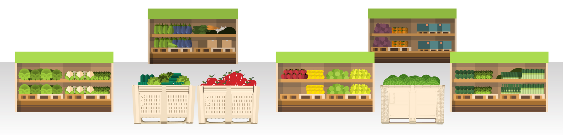 Harvest bins in store with produce Harvest bins in store with produce