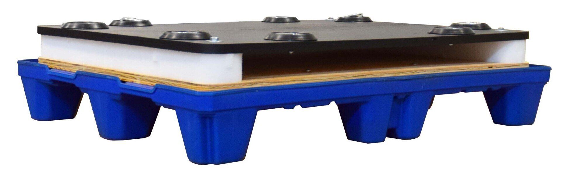 Shock-absorbent pallet with stabilizers