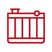 Red outline of a battery icon with a circular cap and vertical charge bars on a white background