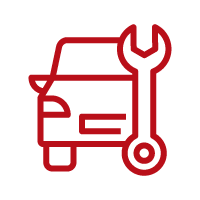 Red outline of a car with a wrench, representing vehicle repair or maintenance.
