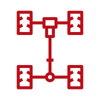 Red schematic icon of a suspension/powertrain with four wheels connected by axles and a central shaft