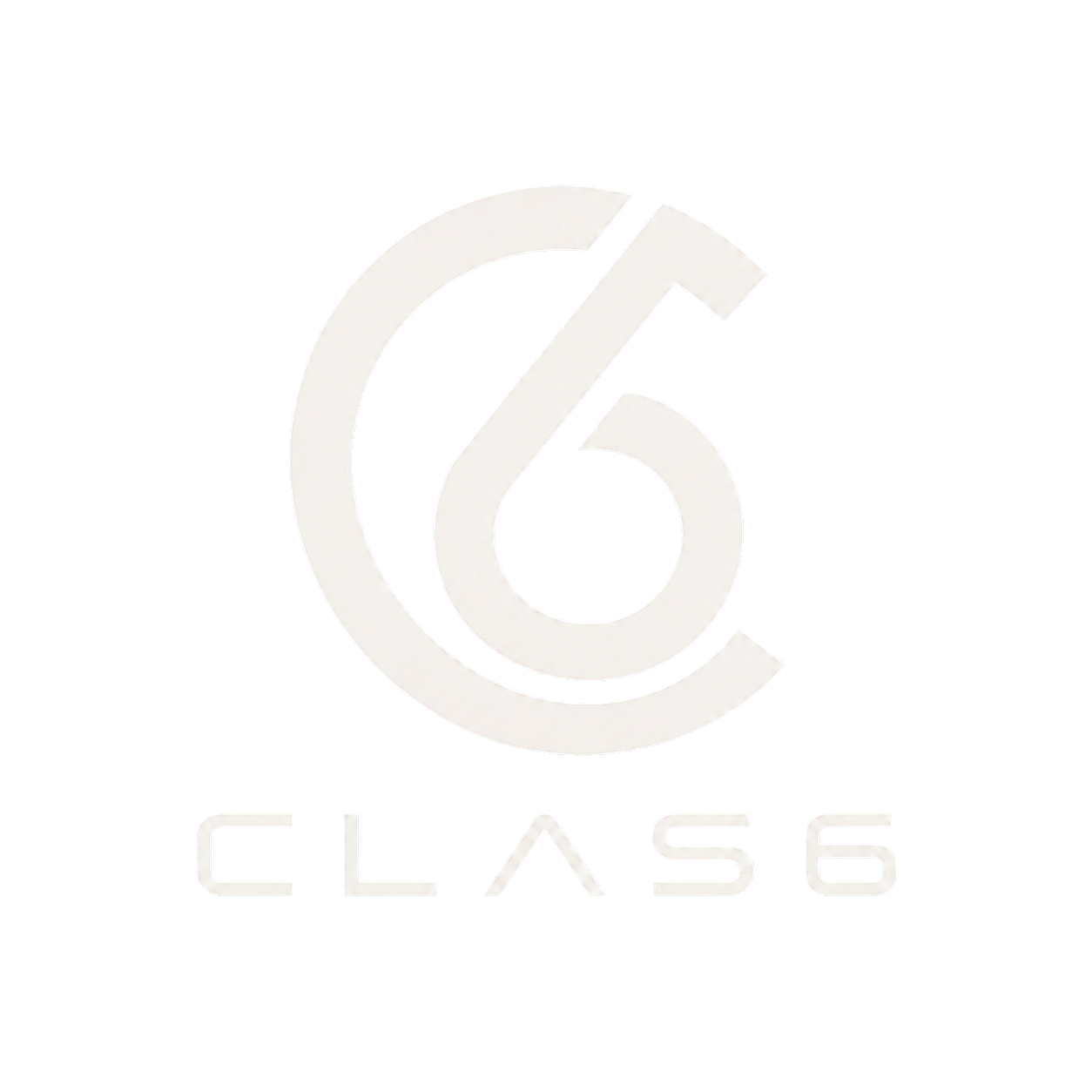 Wit CLAS6-logo met een cirkelvormig "C6"-pictogram en het woord "CLAS6" eronder.