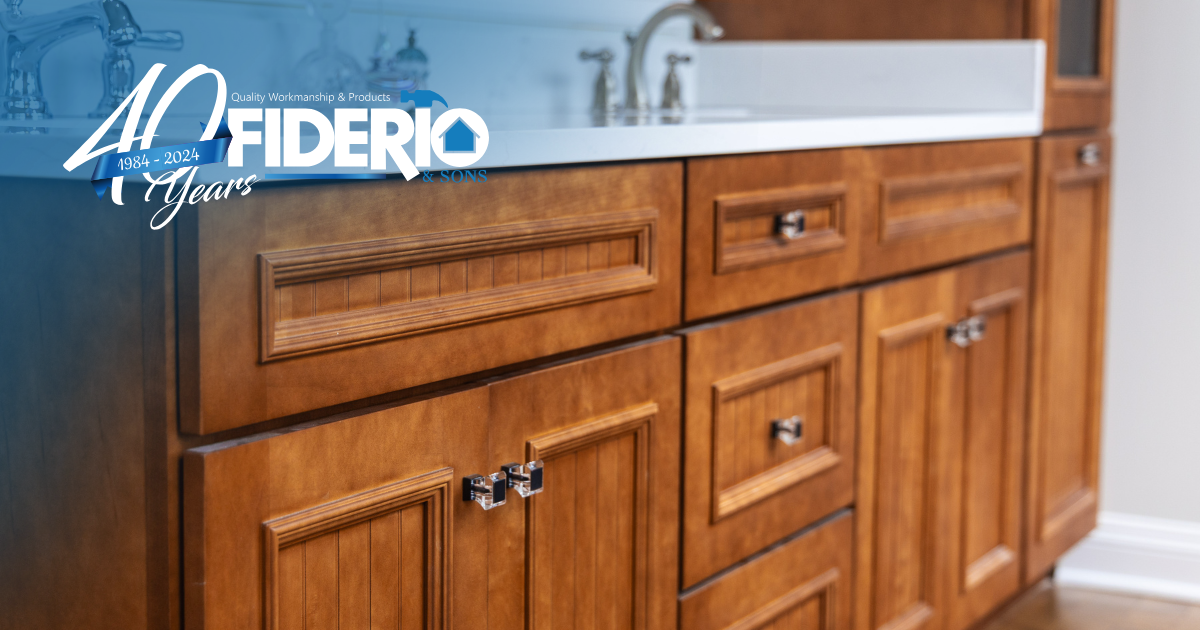 Wooden bathroom vanity with double sinks and paneled cabinets in a bright interior