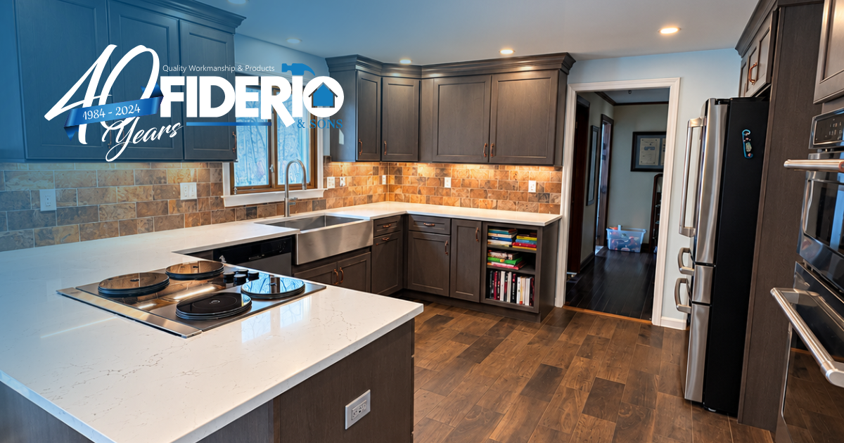 Remodeled kitchen with new cabinets, countertops, and backsplash