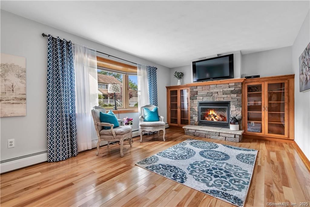 Living room with fireplace, TV, wood floor, blue rug, blue curtains, and wood cabinets.
