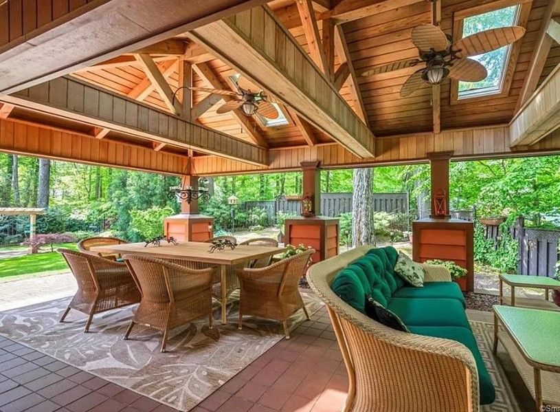 Outdoor covered patio with dining table, seating area, and lush green forest view.