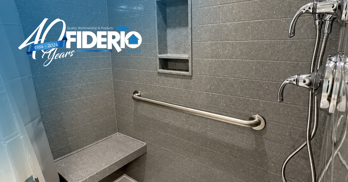 Accessible bathroom with a low threshold walk in shower, shower seat, and grab bar