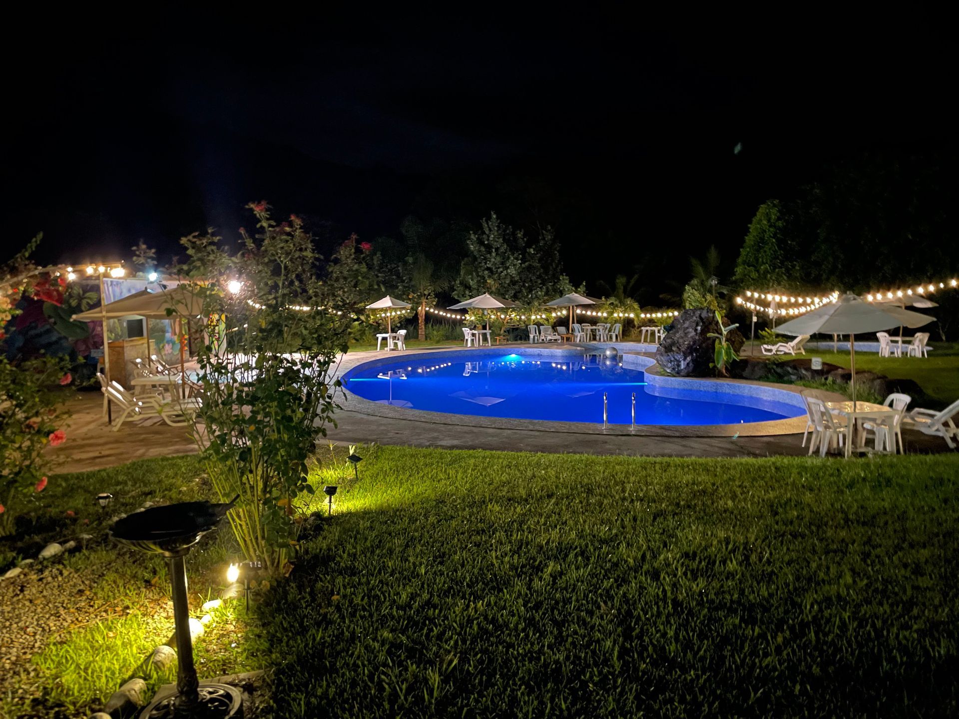 Piscina exterior nocturna con agua iluminada con luz azul, guirnaldas de luces, mesas, sillas y vegetación 