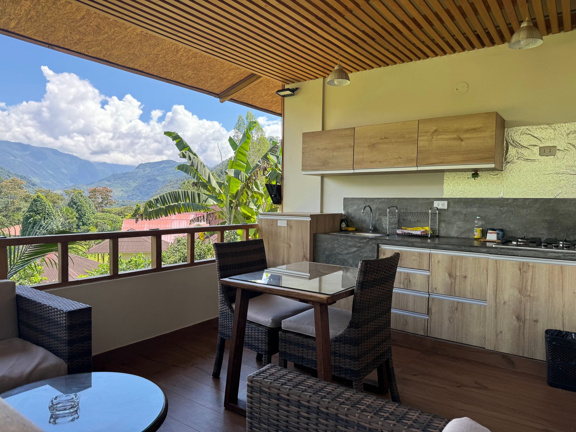 Patio al aire libre con mesa de comedor, cocina pequeña, vistas a la montaña y plantas tropicales.