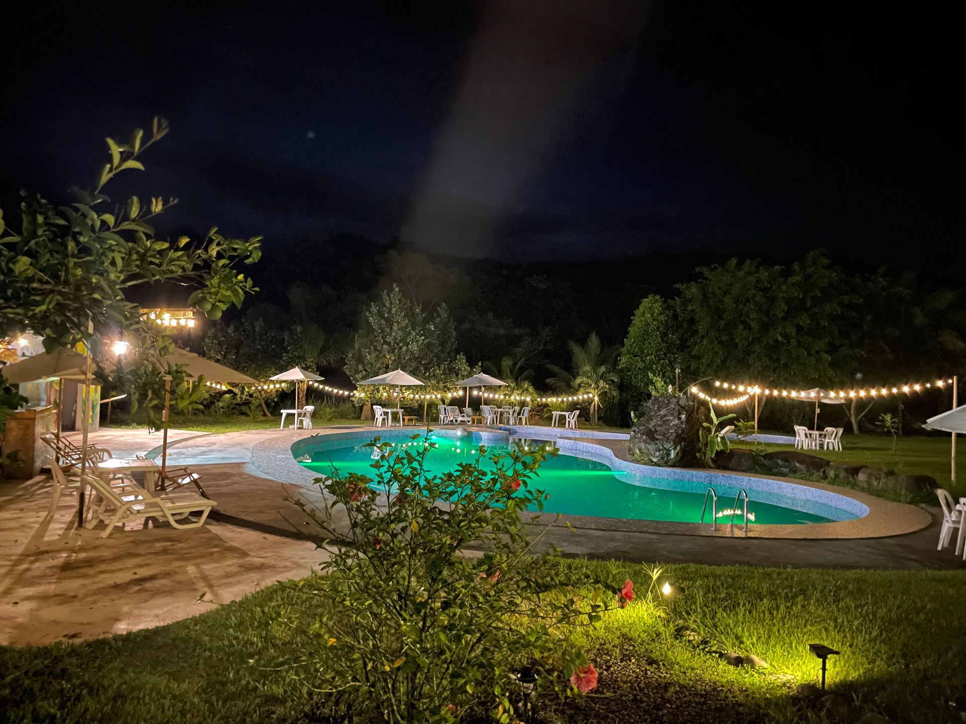 Piscina nocturna de un complejo turístico con guirnaldas de luces y jardines.