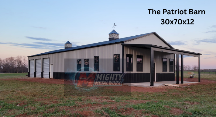 A tan and black metal barn, labeled