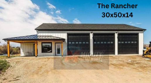 A white metal-sided garage labeled