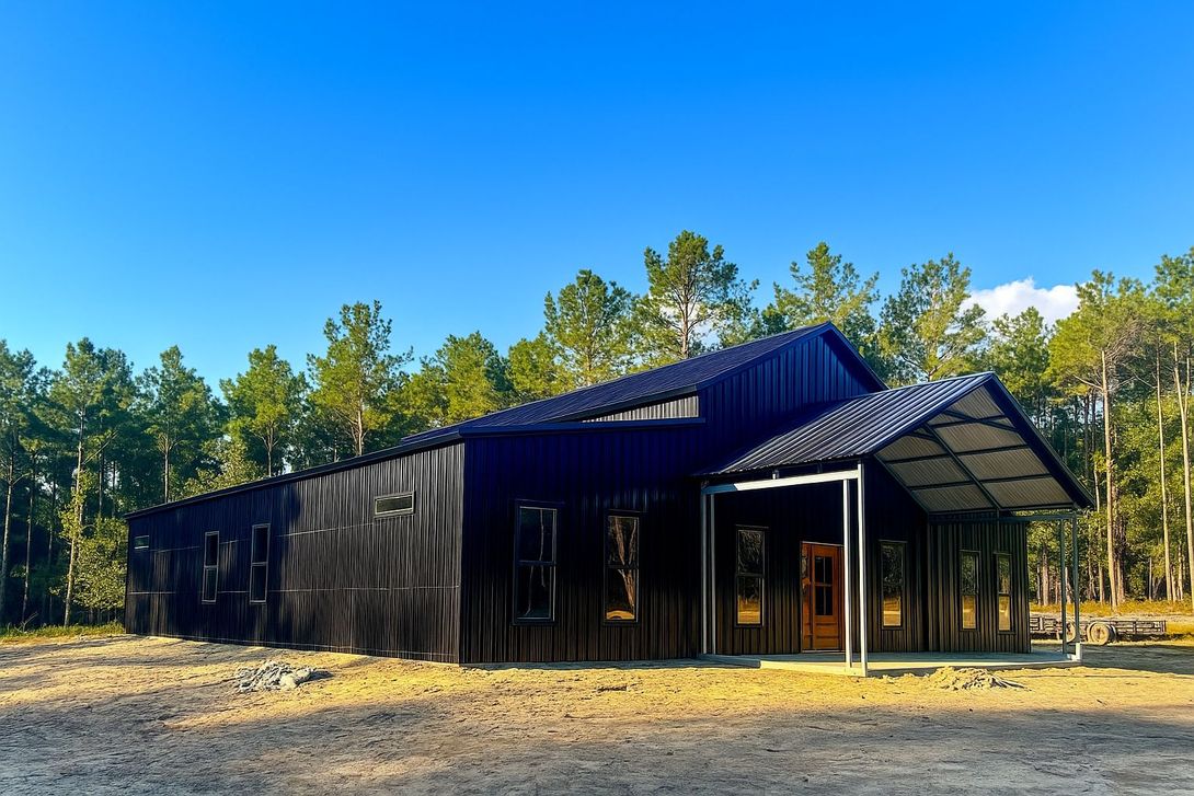 A dark gray metal building, 