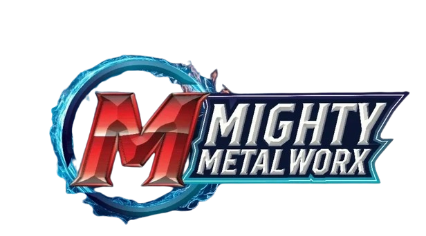 Logo with a red, faceted letter M inside a blue circular flame, next to the text "MIGHTY METAL WORX" in white and blue.