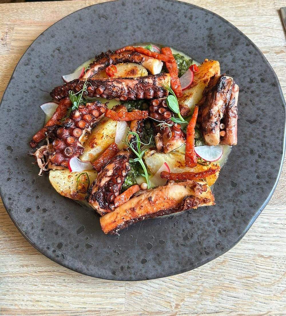 Grilled octopus and potatoes on a dark gray plate. Includes herbs, red peppers, and onions.