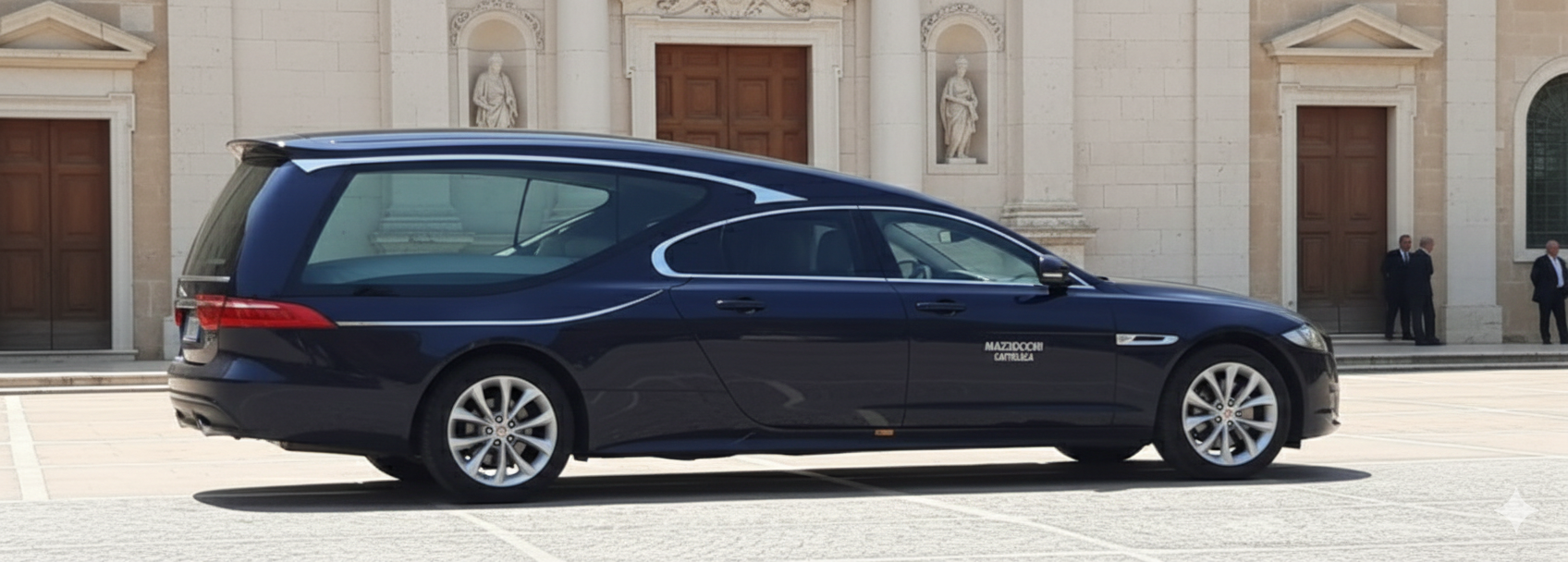 Un carro funebre blu scuro parcheggiato davanti a un edificio dall'architettura elaborata.