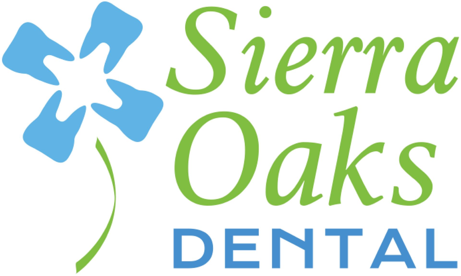 Logo for Sierra Oaks Dental featuring a flower icon made of four light blue teeth with a green stem, next to brand text.