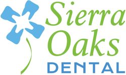 Logo for Sierra Oaks Dental: a blue four-tooth flower icon with a green stem and green and blue text.