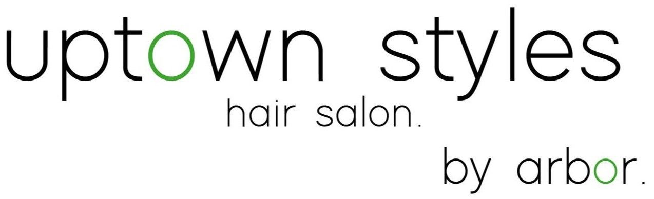 Logo for Uptown Styles hair salon by Arbor, black text with a green &ldquo;o&rdquo; on white background