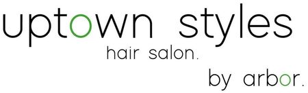 Logo for Uptown Styles hair salon by Arbor, black text with a green &ldquo;o&rdquo; on white background