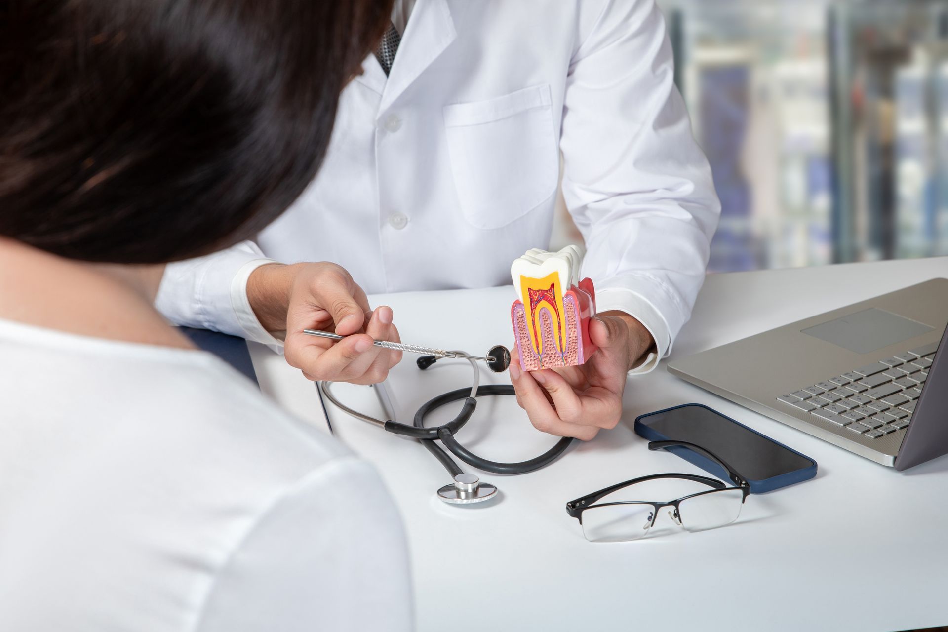 Dentist showing a tooth model during a consultation, with eyeglasses and laptop on the desk