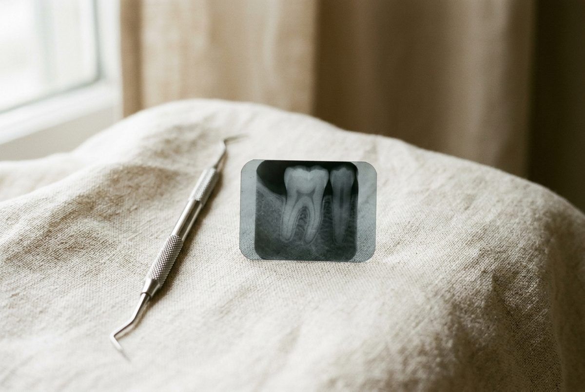 Dental X-ray of a molar's roots beside a dental probe, used to plan root canal treatment