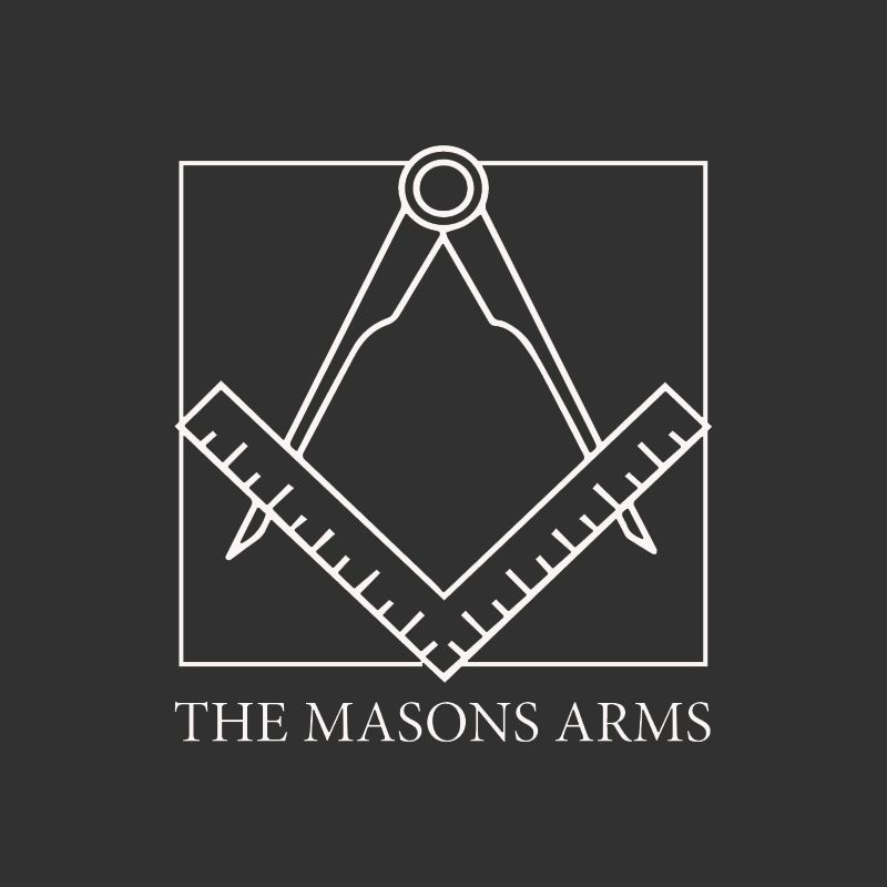 White Masonic square and compass symbol on a black background, with 